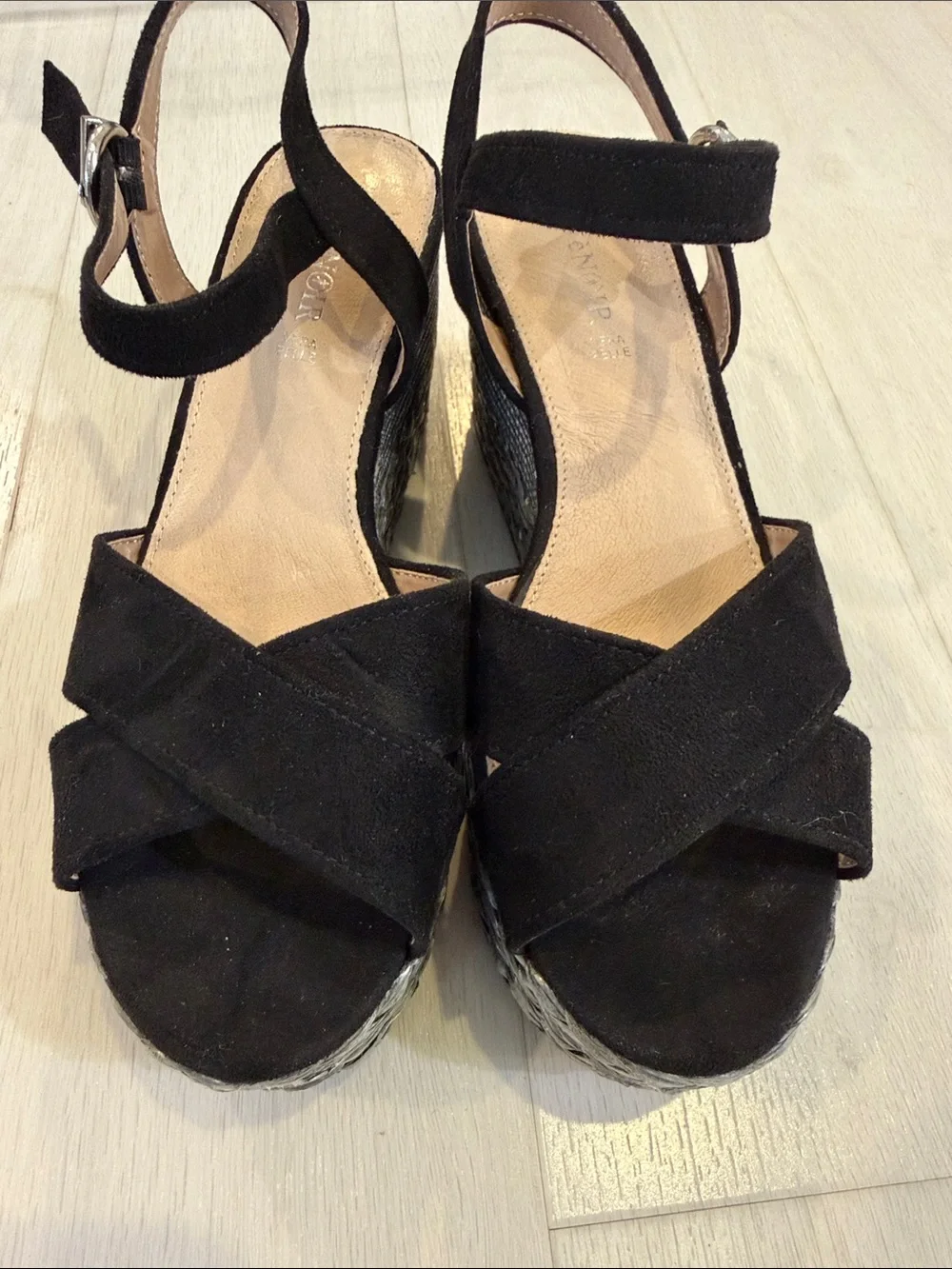 Black Suede Ankle-Strap Wedge Sandals with Metallic Espadrille Platform
